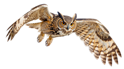 Majestic Owl in Flight: A powerful great horned owl soars with outstretched wings against a pristine white background, capturing the essence of grace, power, and predatory focus in the avian world. 