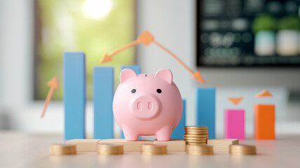 A conceptual image of a piggy bank with a financial graph in the background, representing savings and economic trends.