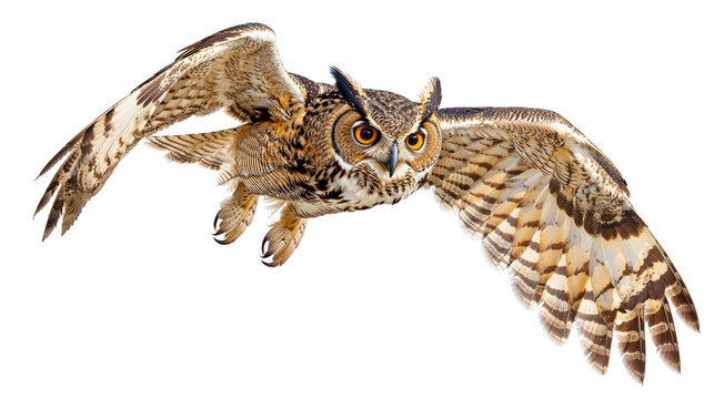 Majestic Owl in Flight: A powerful great horned owl soars with outstretched wings against a pristine white background, capturing the essence of grace, power, and predatory focus in the avian world. 