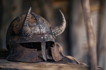 Close-up of a Viking horned helmet resting on a wooden table