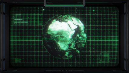 A Sci-Fi style data screen featuring a central animated holographic planet and grid with graphical data.