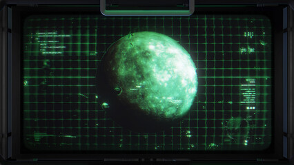 A Sci-Fi style data screen featuring a central animated holographic planet and grid with graphical data.