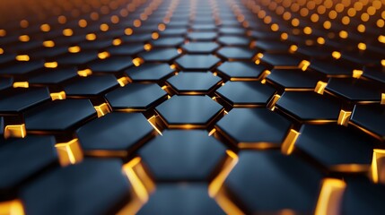 Obraz premium Abstract geometric pattern with black hexagonal shapes and glowing yellow edges.