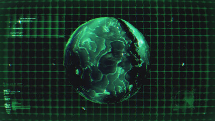 A Sci-Fi style data screen featuring a central animated holographic planet and grid with graphical data.