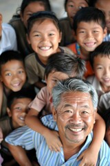 Fototapeta premium Portrait of an Asian philanthropist with children at a charity school, Generative AI