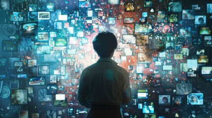 Individual surrounded by a mosaic of screens with social media feeds, news, and messages, representing information overload