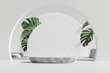 White stone product display podium stand with monstera leaves on white background. 3D rendering © nawapon