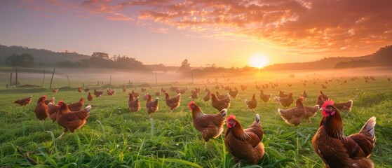 Expansive sunrise view of a free-range chicken farm, chickens spread across the field, colorful sky