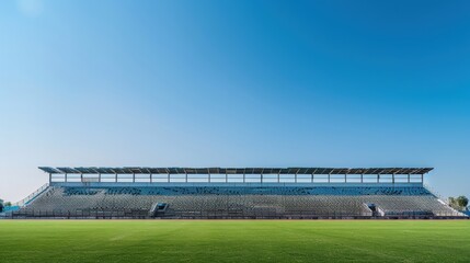 Empty sports field with vacant stands, clear blue sky, spacious text area, perfect for sports news background