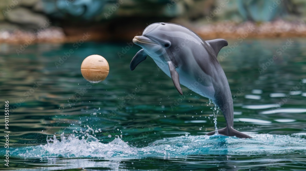 Aufkleber a dolphin playfully interacting with a floating ball or object in a marine park or aquarium, showing