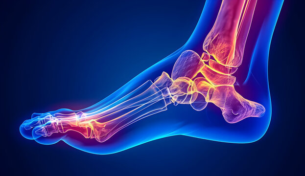 3D ing of human foot bones and joints highlighted in red. Detailed anatomy illustration ideal for medical education and health care concepts.