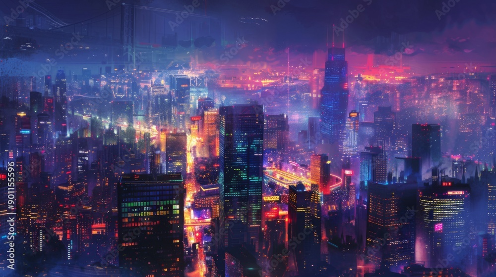 Poster a dramatic night view of a city center with illuminated skyscrapers and vibrant lights creating a dy