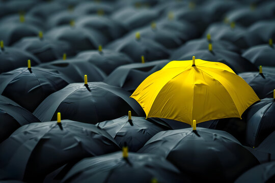 A vibrant yellow umbrella standing out among a crowd of black umbrellas, symbolizing individuality and uniqueness in a sea of sameness.