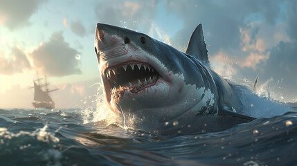Naklejka premium A stunning digital illustration of a great white shark swimming gracefully in the blue ocean, showcasing its powerful jaws, sharp teeth, and sleek body.