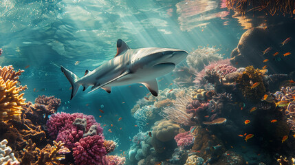 Fototapeta premium A stunning digital illustration of a great white shark swimming gracefully in the blue ocean, showcasing its powerful jaws, sharp teeth, and sleek body.