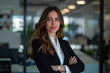 Confident businesswoman in modern office setting, smiling and expressing professionalism. Ideal for workplace and corporate imagery. Portrait style. Generative AI
