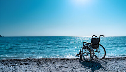 Fototapeta premium An empty wheelchair with a scenic view of the ocean during the daytime, symbolizing accessibility, freedom, and tranquility by the beach.