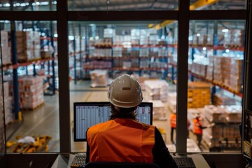 Warehouse manager in safety gear oversees inventory from control room. Industrial logistics scene. Monitoring storage area operations. A perfect business concept image. Generative AI