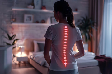 Back view of a woman with illuminated spine graphics on her shirt, in a cozy bedroom setting with warm lighting and stylish decor.