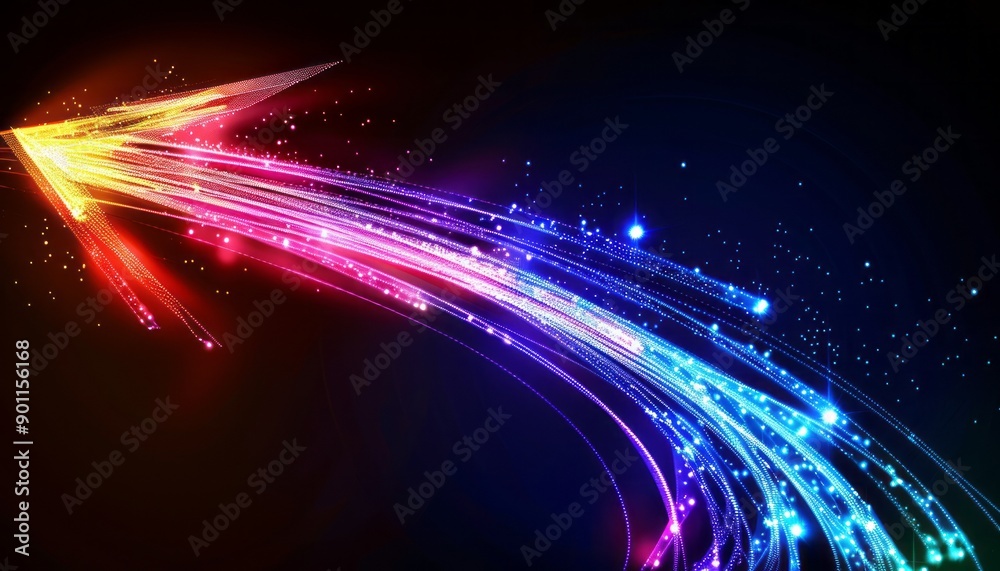 Poster dynamic arrow of colorful light moving swiftly across dark background