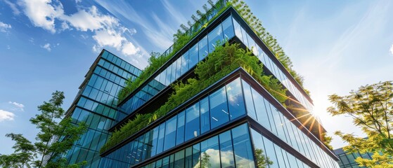 Modern corporate HQ with eco-friendly design, green building certification, emphasizing sustainable practices and ESG compliance