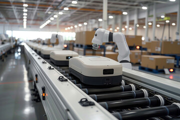 Obraz premium Future industrial scenes, artificial intelligence and robotics help industries. machines create things. production lines. Innovations concept.