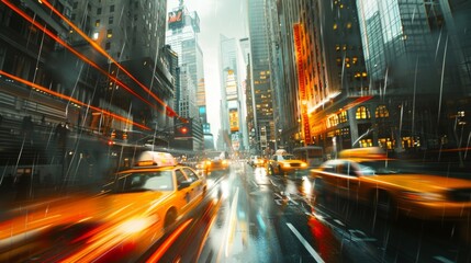 Obraz premium A dynamic cityscape with skyscrapers and traffic, highlighting the energy and movement of the urban environment.