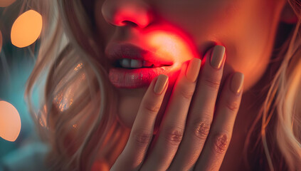 Close-up of a woman's face with pink lips and hand touching cheek, illuminated by colorful bokeh lights in a dreamy, intimate atmosphere.