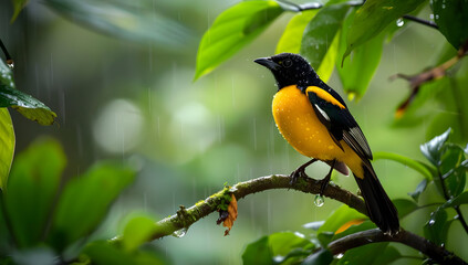 Colorful bird perched on a branch in a lush, green forest setting during a gentle rain, with droplets on leaves.