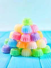 A pile of colorful jellies sits on a light blue wooden table. leaving space in the middle for text, jelly that looks juicy, shiny and delicious,