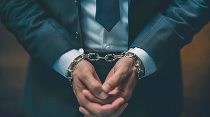 Close-up image of a businessman s hands, handcuffed, illustrating corporate fraud