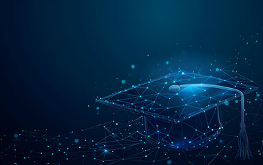 Digital graduation cap with network connections, symbolizing technology and online education in a futuristic design. Blue background.
