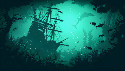 Eerie underwater scene with a shipwreck and marine life, including fish and a shark, surrounded by dark blue-green water and aquatic plants.