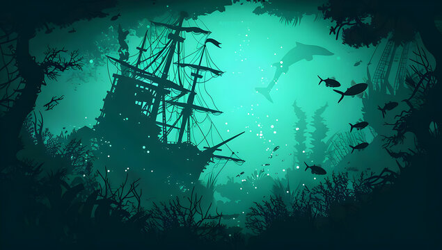 Eerie underwater scene with a shipwreck and marine life, including fish and a shark, surrounded by dark blue-green water and aquatic plants.