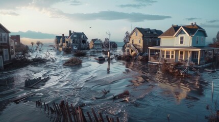 A flooded coastal area with damaged homes and infrastructure, showing the impact of rising sea levels