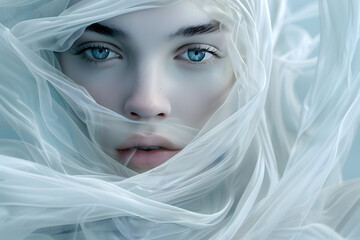 Ethereal portrait of a woman draped in translucent fabric, with captivating blue eyes. Dreamlike and serene, evoking a sense of tranquility.