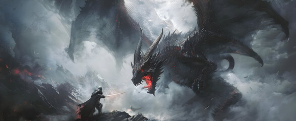 Epic fantasy scene of a dragon battling a knight amidst a stormy landscape, highlighting an intense and dramatic confrontation. © sornram