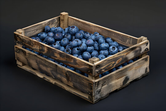 Fresh ripe blueberries in a rustic wooden crate on a dark background. Perfect for food blogs, recipes, and healthy eating visuals.