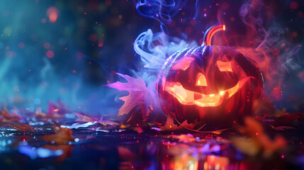 Fototapeta premium Glowing Halloween pumpkin with carved smile, set against a dark, mystical background surrounded by autumn leaves and colorful fog.