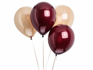 A collection of maroon and tan balloons is elegantly arranged against a bright white background, perfect for celebrations