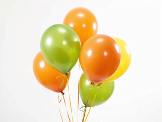 A vibrant cluster of orange, yellow, and lime green balloons floats against a white background, perfect for festive events