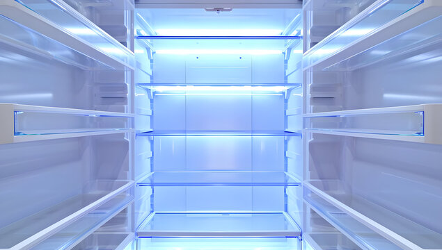 Inside view of an empty, illuminated refrigerator with transparent shelves and clean, sleek design. Perfect for food storage or organization concepts.