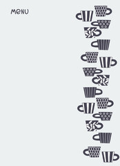 Cafe menu design with place for your text. Dessert menu template. Decorated with hand drawn cups, pots, glasses, cakes, pastry, flower vases on dark gray background