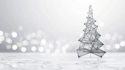 A sleek wireframe Christmas tree stands elegantly on a light surface, embodying a minimalist holiday aesthetic