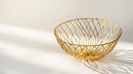 Obraz premium A delicate gold wire basket rests on a white surface, enhanced by a gentle bokeh effect in the background