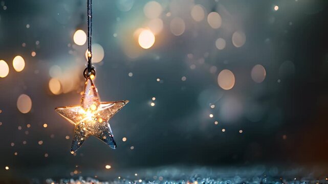 A magical Christmas night with a glowing star ornament amidst twinkling lights and falling snow, creating a dreamy festive atmosphere.