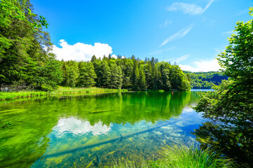 Landscape at Hechtsee near Kufstein. Clear mountain lake in Tyrol, Austria. Idyllic lake with the surrounding nature on the wooded plateau of the Thierberg.
