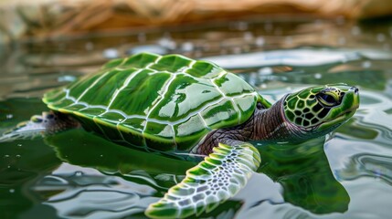 A jade colored turtle swimming in clear water, representing longevity and ease, with the turtle...