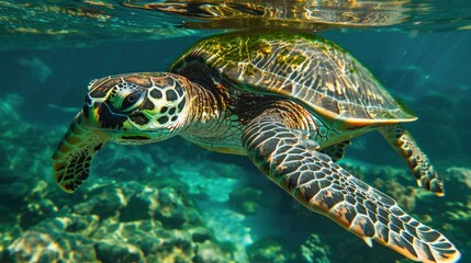 Fototapeta premium A jade colored turtle swimming in clear water, representing longevity and ease, with the turtle jade shell glistening in the sunlight