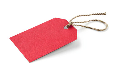 Red paper tag with string isolated on white background. Perfect for branding, labeling, and price tagging in retail and gifting concepts.